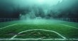 soccer field with a green pitch, in the style of smokey background