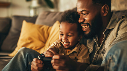 Wall Mural - Smiling man and a young boy are enjoying playing a video game together on a couch in a cozy living room.