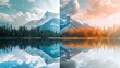 Split in half picture of a mountain and a lake generative ai