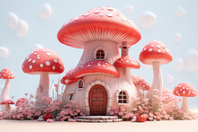Fairy Mushroom House 3D Illustration ,Cartoon Fairy Mushroom House Clipart ,illustration Of Red Mushroom House On A White Background