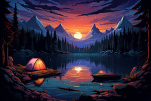 Forest Tent .illustration Of Camping Evening Scene. Tent, Campfire, Pine Forest And Rocky Mountains Background, Starry Night Sky With Moonlight