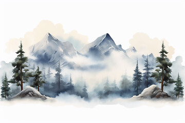 Wall Mural - Foggy watercolor mountains, hills and trees isolated elements ,mountains watercolor forest wild nature. watercolor mountain range with high peaks against the blue sky.