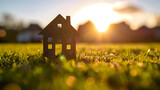 Fototapeta  - Une silhouette de maison posée sur une pelouse avec un coucher de soleil en arrière-plan.