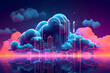 Cloud computing technology concept with synthwave cyberpunk style. Futuristic illustration. generative