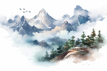 Foggy Watercolor Mountains, Hills And Trees Isolated Elements ,mountains Watercolor Forest Wild Nature. Watercolor Mountain Range With High Peaks Against The Blue Sky.