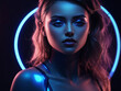 © Mahmud - Future. Portrait of a female fashion model in neon light with a neon blue glowing circle on dark studio background. Beautiful woman with trendy make-up and well-kept skin. Vivid style, beauty