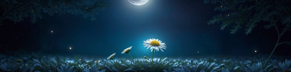 Banner for World Environment Day, daisy flower in moonlight on a night glade. Background for poster, banner, social media, place for text