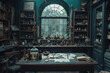A mysterious alchemy room with a retro fantasy office vibe, belonging to an old-school wizard.