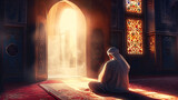 Fototapeta Las - A Muslim man praying in mosque Ramadan Islamic background Generative Ai