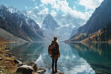 Scandinavian Woman With Backpack Against The Background Of Nature And Mountains Looking At The Lake.view From Behind