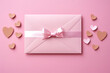 Valentine's day concept with pink envelope and hearts on pink background Red satin bow isolated on white background