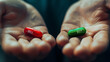 © visual_ideas - hands holding green buy and red sell labeled pills, concept for stock market decisions