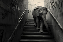 Elephant Walking Down The Stairs.Black And White Color.