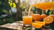 Dispensing freshly squeezed orange juice onto a wooden table amidst an orange orchard.