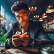 Young man smoking joint in a Cannabis Social Club. Guest or member of a CSC. Coffeeshop. Cannabis dispensary. Marijuana. Weed. Ganja. Legalization. Lighting up. Amsterdam. Generative AI