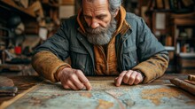 Senior Craftsman Intently Planning A Route On A Vintage World Map