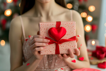 Beautiful young woman with gift box and heart on blurred background, closeup