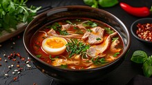 A Hearty Stew Featuring Eggs And Meat, With A Crisp Image.