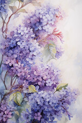 Wall Mural - Lilacs blossom watercolor painting. Floral wall art, printable vertical poster, botanical wall decor