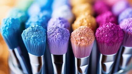 Vibrant professional makeup tools and products illuminated by studio lighting in a close up shot