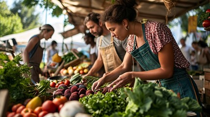 Farmer selling fresh produce at market, providing samples to customers. Multicultural couple sampling organic fruits and veggies at food fair.