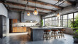 modern loft kitchen with exposed ductwork, concrete floors, and industrial pendant lights
