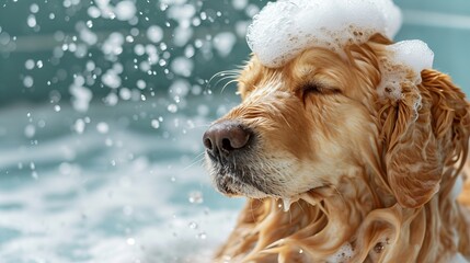 Cheerful dog getting a shampoo bath in grooming salon   funny and adorable portrait