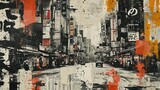 Fototapeta  - Generative AI, vintage grunge black and white collage poster with asian cityscape. Different textures and shapes	