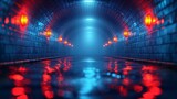 Fototapeta Do przedpokoju - Futuristic blue tunnel with red lighting and reflective floor