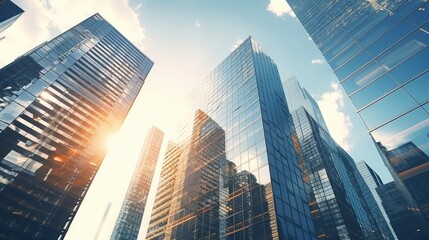 Business office buildings. skyscrapers in city, sunny day. Business wallpaper with modern high-rises with mirrored windows