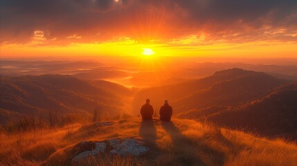 Wall Mural - Two friends enjoying a majestic sunset over mountain landscape