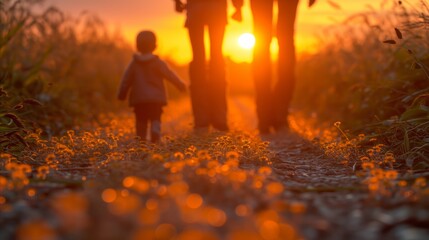 Wall Mural - Family walking on country road at sunset, peaceful evening stroll