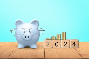 Canvas Print - Happy 2024 New Year with blue piggy bank