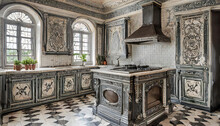Victorian-era Kitchen With Ornate Details, Patterned Tiles, And A Vintage Stove
