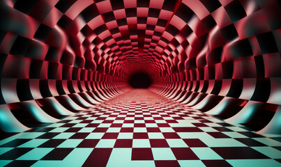 Poster - futuristic checkered tunnel with a dynamic perspective, evoking a sense of speed, motion, and virtua
