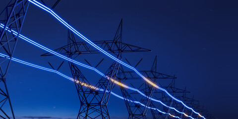 high voltage electric transmission tower with glowing current line, electrical power transmit throug