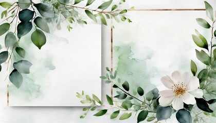 Wall Mural - ready to use card herbal watercolor invitation design with leaves flower and watercolor background floral elements botanic watercolor illustration template for wedding frame