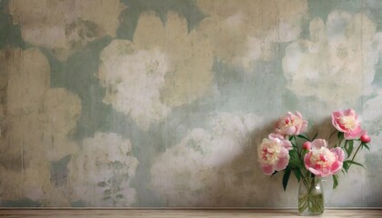 Wall Mural - textured shabby wall with painted peonies photo wallpaper for the room and any interior of the house imitation of a peeling wall