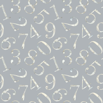 Seamless pattern of watercolor illustration collection of marble numbers from 1 to 0. Hand painted elements drawing on light background. For fabric, sketchbook, wallpaper, wrapping, creative design.