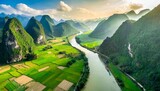 Fototapeta Fototapety z naturą - aerial landscape in phong nam valley an extreme scenery landscape at cao bang province vietnam with river nature green rice fields