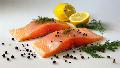 fresh salmon with lemon dill and peppercorns two slices of raw fish on a white background 