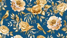 Watercolor Seamless Pattern Blue Design With Peonies Birds Roses Gold Botanical Floral Pattern With Background