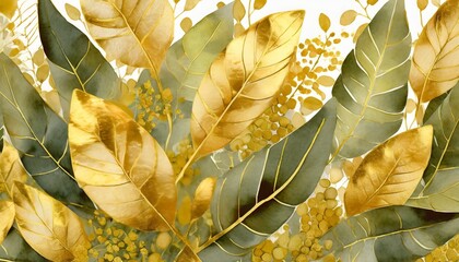 Wall Mural - watercolor and gold leaves herbal illustration botanic tropic composition exotic modern design