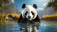 Giant Panda Sitting In Water