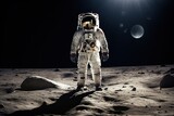 Fototapeta Kosmos -  a man in an astronaut suit standing on the surface of the moon with the sun shining in the distance behind him.