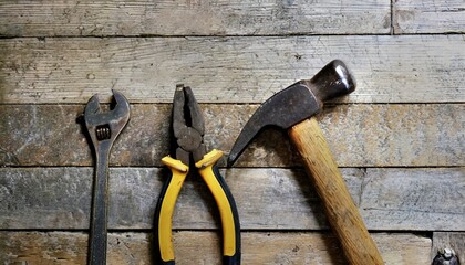 old pliers hammer and pincers on an old wooden workbench old work tools