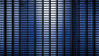 seamless skyscraper facade with blue tinted windows and blinds at night modern abstract office building background texture with glowing lights against dark black exterior walls 3d rendering