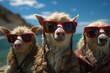  a group of llamas wearing red sunglasses on a sunny day in front of a body of water with a mountain in the background.