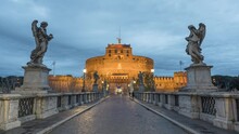 Time Lapse Of The Famous Sant Angelo Bridge With Sculptures And Castle In Rome, Italy During Morning Blue Hour