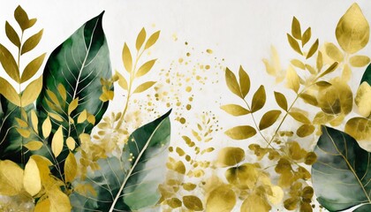 Wall Mural - watercolor and gold leaves herbal illustration botanic tropic composition exotic modern design